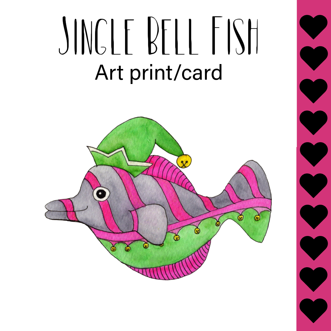 Illustration of a fish wearing a green elf hat with 'Jingle Bell Fish' text and heart border.