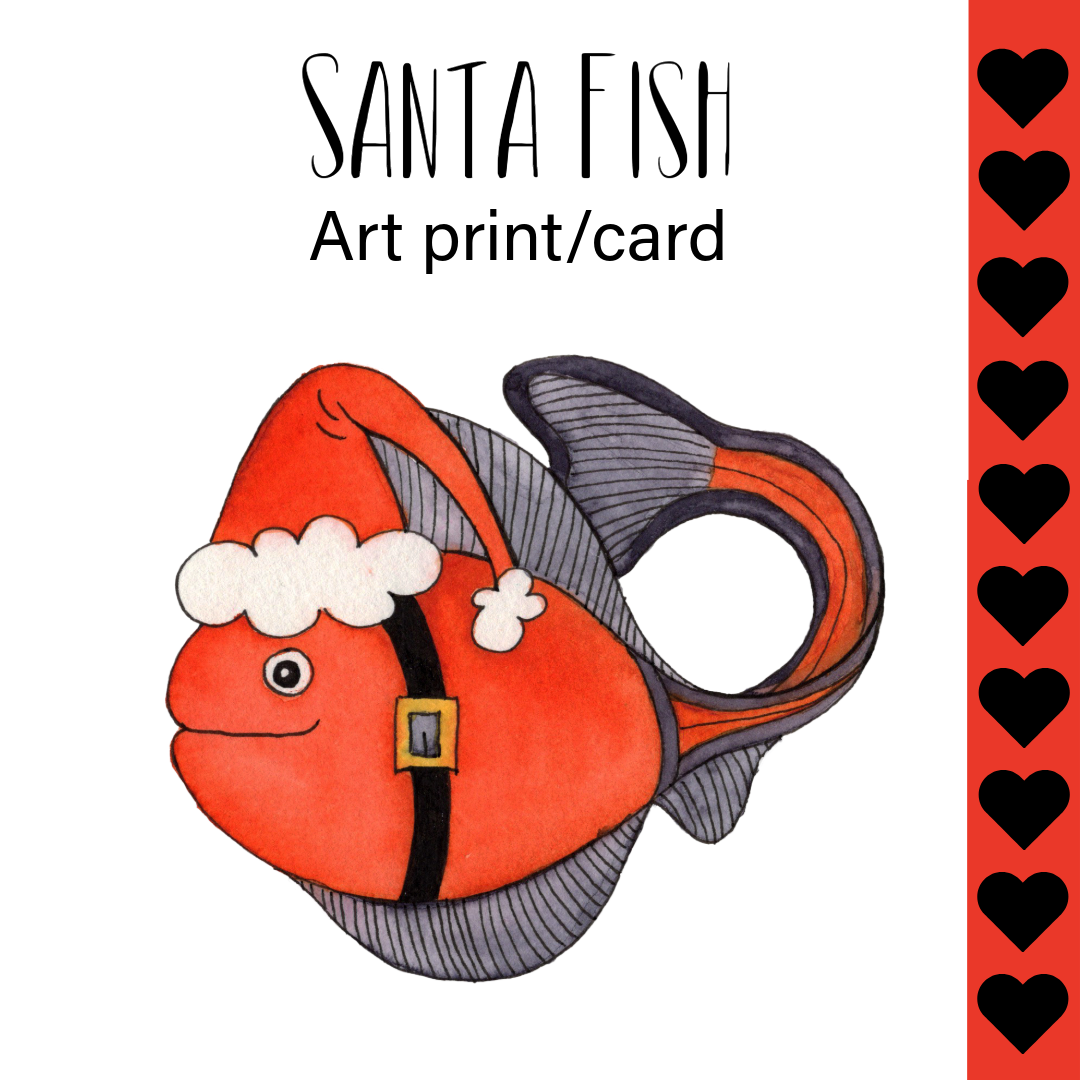 Illustration of a fish wearing a Santa hat with text 'Santa Fish Art print/card' on a white background.